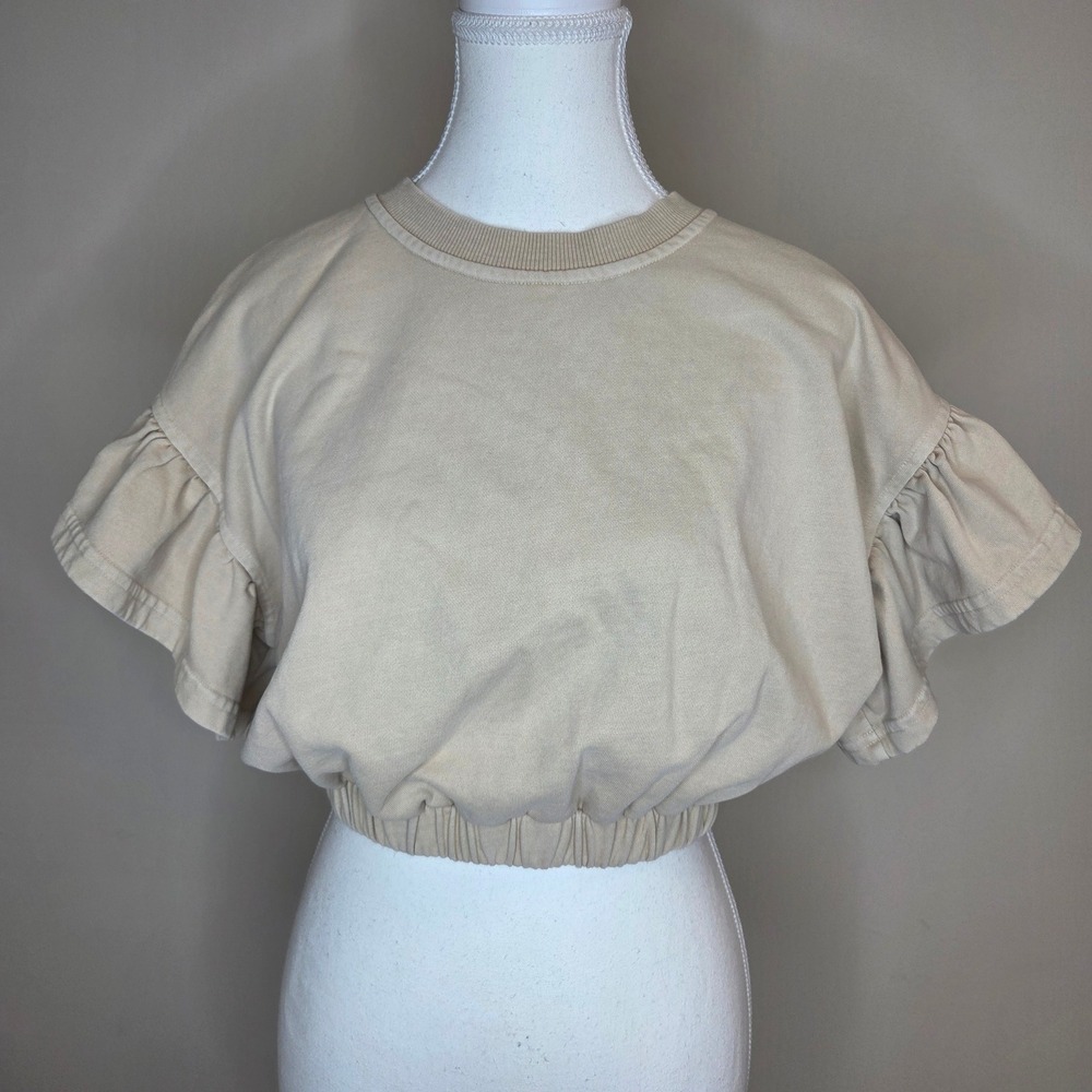 Miou Muse Tan Ruffle‎ Sleeve Cropped Sweatshirt Elastic Waist  Womens Medium